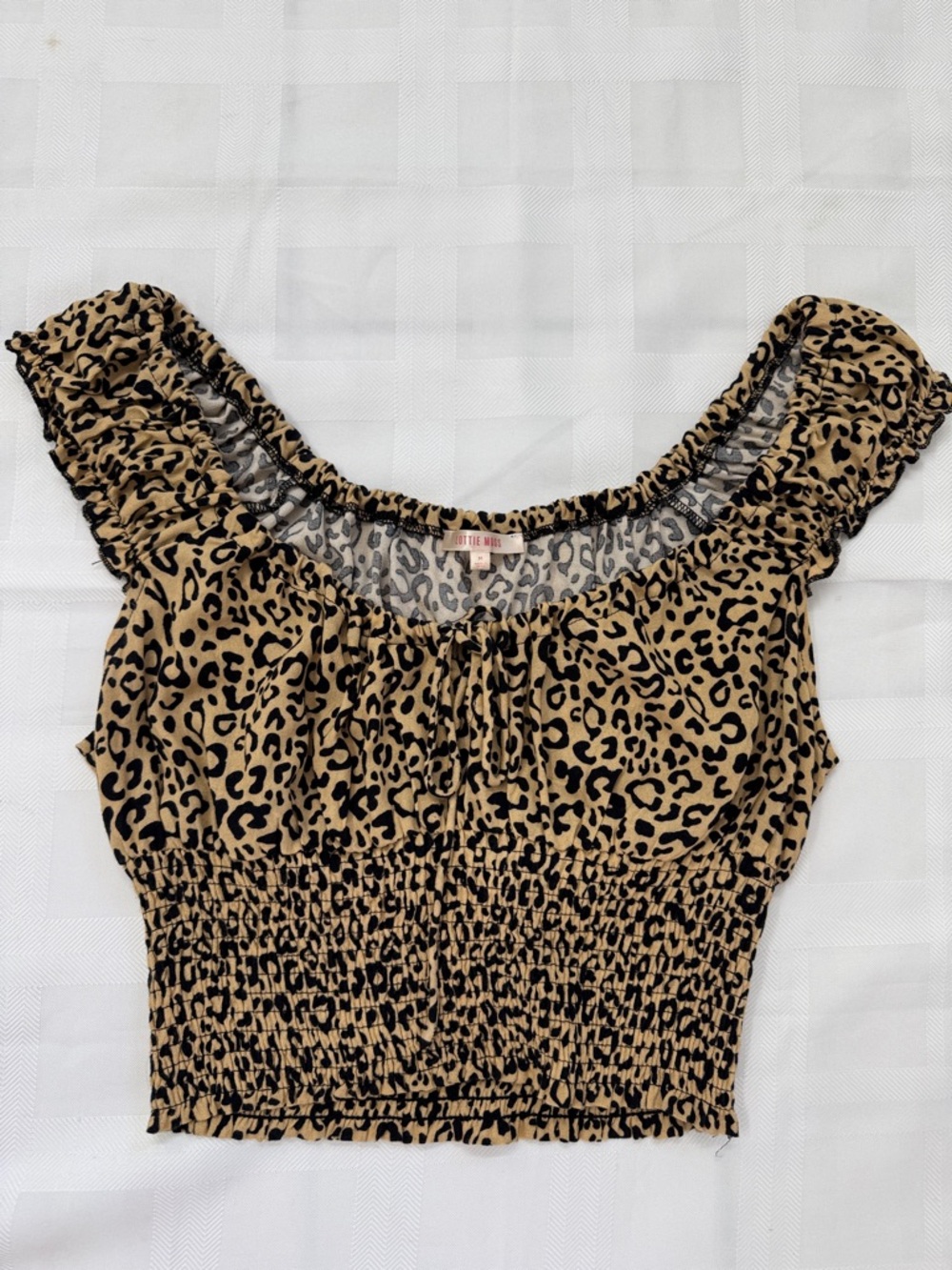Smocked Leopard-Print Crop Top in Tan and Black